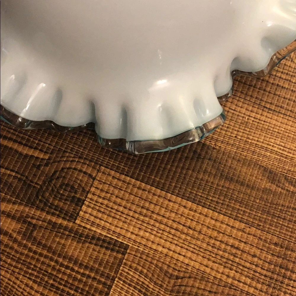 Source Unknown Aqua and White Ruffled Glass Vase